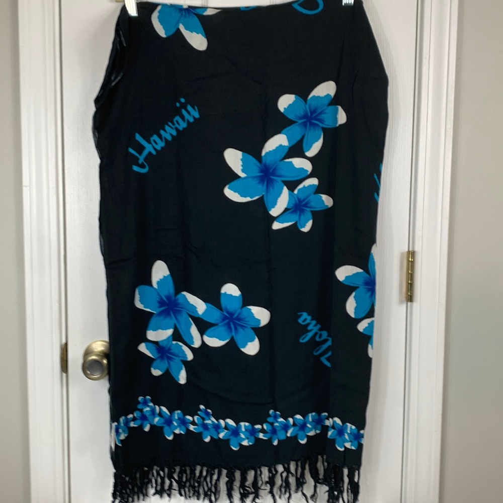Hawaii Beachwear wrap black with teal blue flowers and word Hawaii.